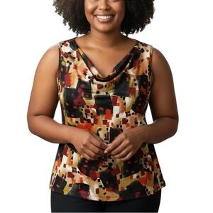 Penningtons Multicolour Abstract Artsy Geometric Cowl Neck Tank Top 2X Black